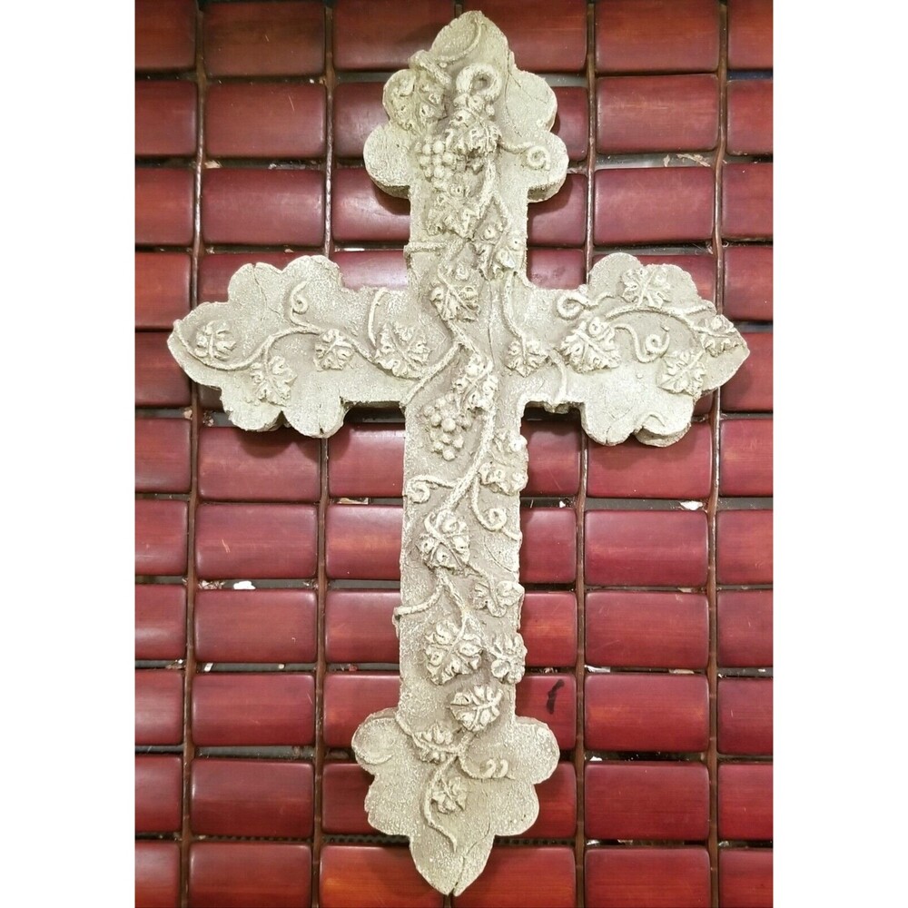 Vintage Gray Distressed Stone-Look Cross with Grapes & Vines 12.75"x6.25"